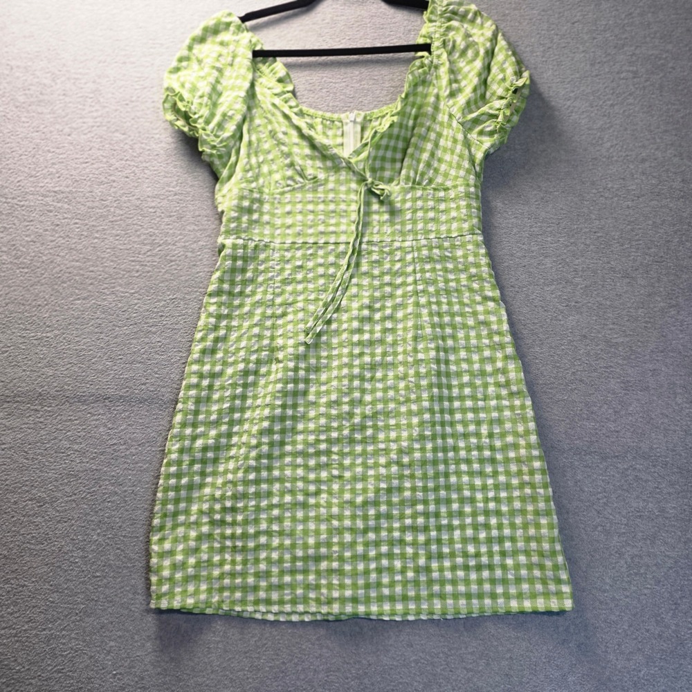 SHEIN Gingham Mini Dress Womens M US 6 Green Puff Sleeve Cottagecore Picnic Fit